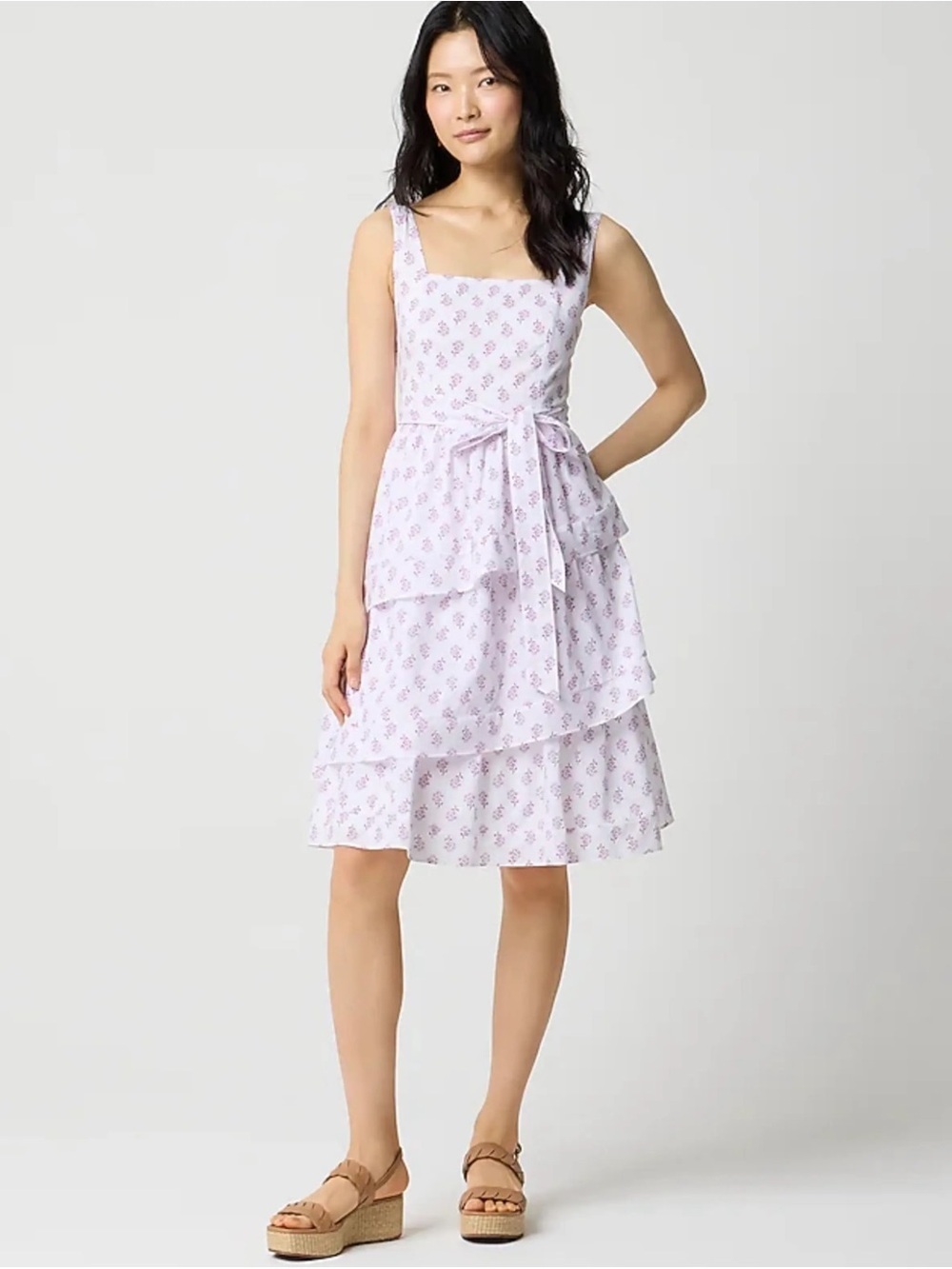 J.Crew Boho White Purple Floral Cotton Tiered Ruffle Mini Dress Tie Waist